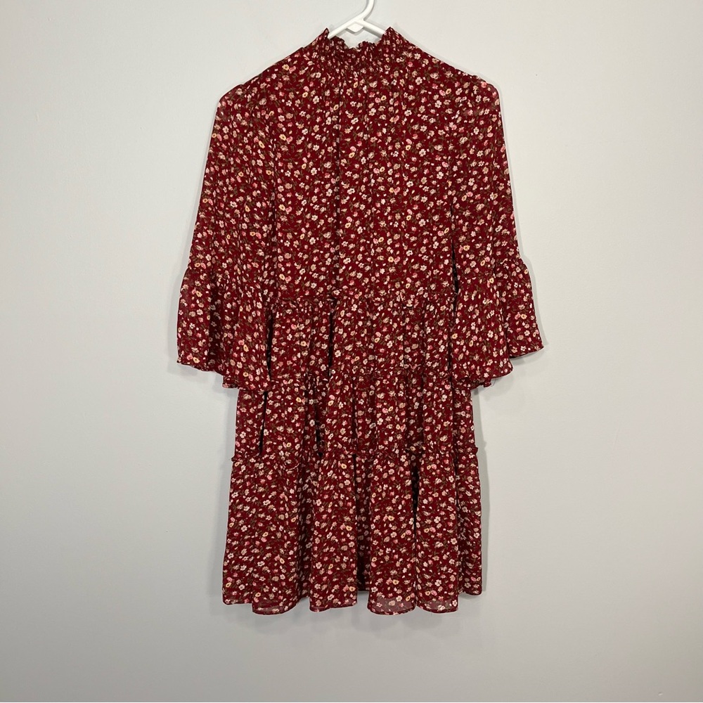 Skies Are Blue Dress Womens Small Red Floral Tiered Flowy Bell Sleeves Whimsical